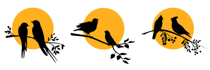 Nature landscape with birds silhouettes. Birds on branches set. Vector illustration.	
