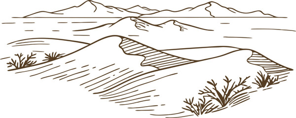 Fototapeta premium minimalist desert landscape sketch with sand dunes and mountains in the background