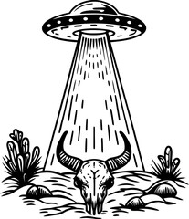 Ufo beam on bull skull in desert setting, surreal space encounter illustration