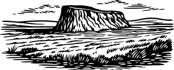 Obraz premium Black and white illustration of table mountain and surrounding grassland landscape