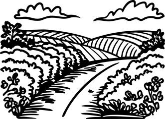 Scenic countryside path rolling hills, nature, clouds, bushes, rural landscape