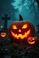spooky pumpkin with glowing eyes sitting in the middle of a corn maze on a dark Halloween night.