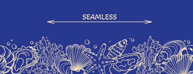 La dolce vita themed seamless Border with Seafood. Vector outline illustration. Hand-drawn pattern of Sea frame. Linear drawing isolated on blue background. 
