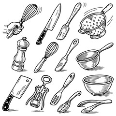 Baking Tools and Utensils Line Art Set - Black and White Vector Drawing