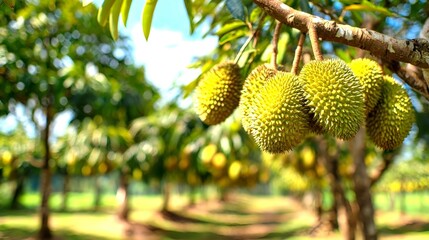 Durian on a tree branch in the durian garden.