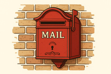 Vintage red mailbox mounted brick wall. Classic postal service delivery. Retro communication correspondence concept. Traditional mail box vector illustration. Nostalgic postbox design