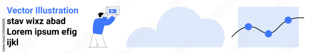 Poster man holding a screen, abstract cloud shapes, line graph with nodes symbolizing data analysis trends.