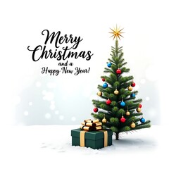 Naklejka premium Merry Christmas and Happy New Year! typography, Festive Christmas Tree and Gift background