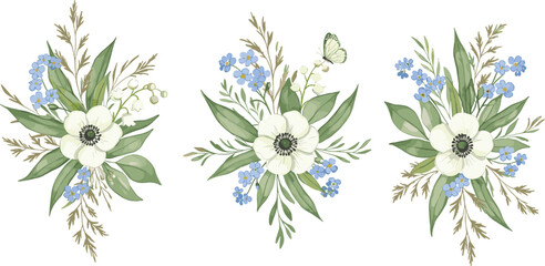 Fototapeta premium Set of different flower bouquets, blue forget-me-nots, lilies of the valley, white anemones, green wild grass. Watercolor set for eco-branding, packaging, cards, wedding designs and botanical prints
