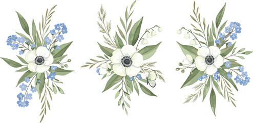 Set of different flower bouquets, blue forget-me-nots, lilies of the valley, white anemones, green wild grass. Watercolor set for eco-branding, packaging, cards, wedding designs and botanical prints