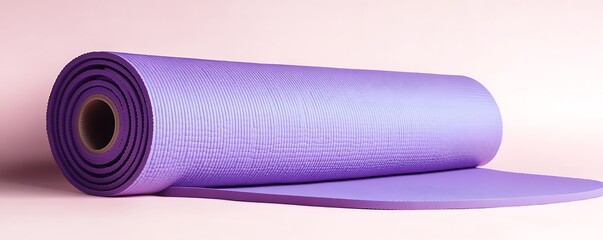 Glossy purple yoga mat rolled neatly on a soft pastel backdrop
