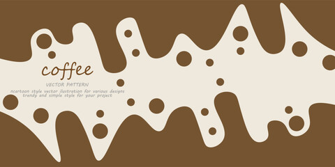 Liquid coffee background. Flat style dripping coffee flat style vector illustration. Dark espresso coffee, cocoa or hot chocolate liquid with drops and splashes. Simple cartoon coffee spill.