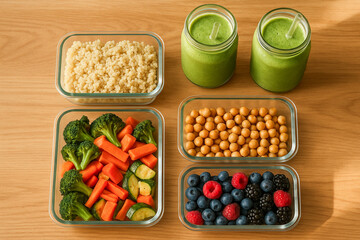 Healthy Vegan Meal Prep with Quinoa, Chickpeas, Fresh Vegetables, Berries and Green Smoothies in Glass Containers