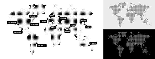 Set of Dotted World Map with All Continents and Largest Cities, Halftone and Circles Pixel Design, Ideal for Web, Business, and Infographics, Cloud, Network and AI Technology Vector Background