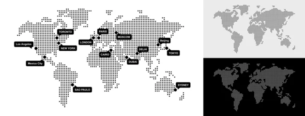 Set of Dotted World Map with All Continents and Largest Cities, Halftone and Circles Pixel Design, Ideal for Web, Business, and Infographics, Cloud, Network and AI Technology Vector Background © AnaMaria