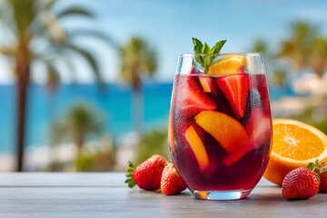 Refreshing sangria with fresh fruit enjoying tropical beach view
