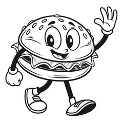 Happy waving burger cartoon character illustration for menu design and branding elements. burger, hamburger, cartoon, character, mascot.