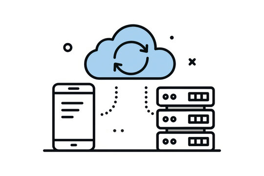 Cloud data synchronization technology concept. Mobile smartphone sync with server network. Digital cloud computing storage infrastructure. Data transfer connection technology vector illustration