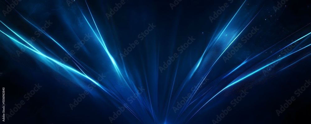 Poster abstract blue background with colorful neon light rays and speed lines, empty space in the center, d