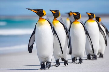 Fototapeta premium King penguins walking on sandy beach near ocean waves