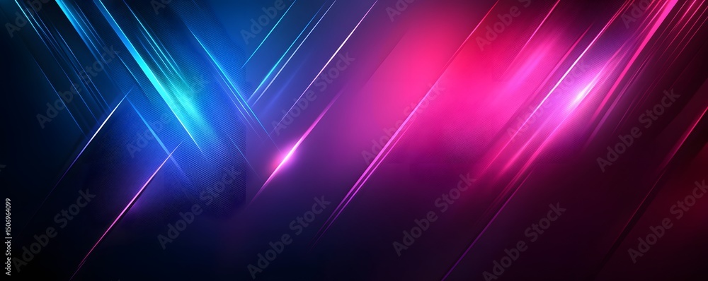 Poster abstract blue background with colorful neon light rays and speed lines, empty space in the center, d