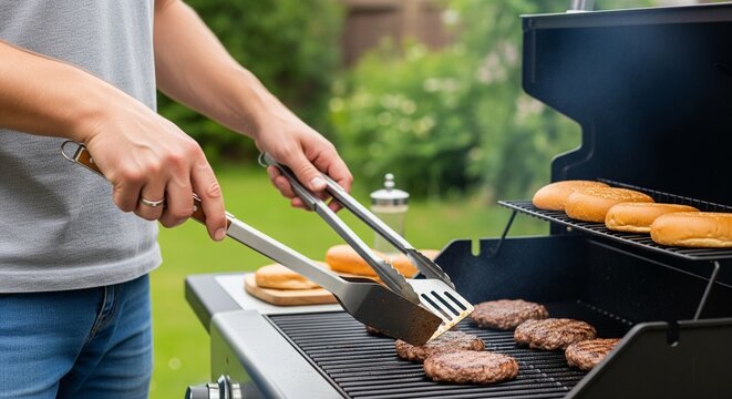 Person grilling burgers and sausages on an outdoor gas barbecue. Summer barbecue, backyard cooking and outdoor lifestyle concept.
