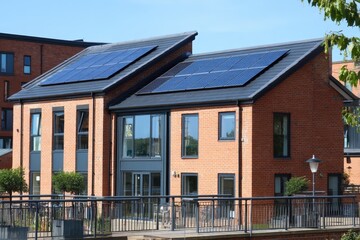 Fototapeta premium Modern brick house with large rooftop solar panels and multiple windows, surrounded by greenery on a sunny day.