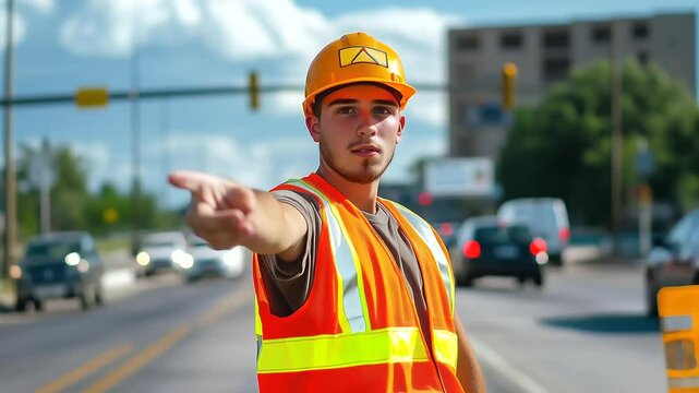 A friendly young man in a cap and orange safety vest, holding a traffic sign and directing vehicles at a road construction site.