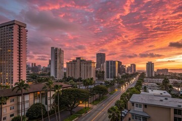 Honolulu city skyline at sunset with vibrant clouds