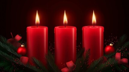 christmas candles and christmas tree decoration on a dark background.