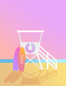 Lifeguard tower and surfboards on a sunset