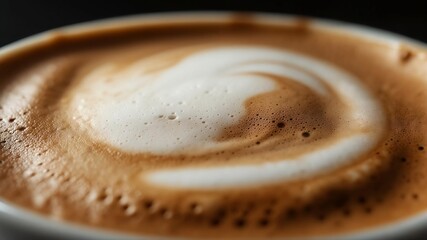 Close-up of cappuccino froth texture with bubbles in warm creamy coffee, blur depth of field