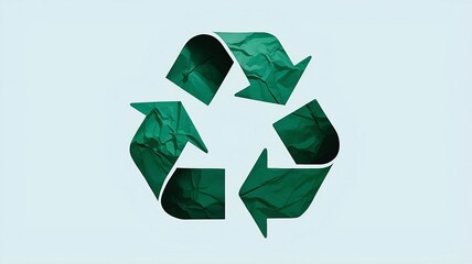 Green recycling symbol with crumpled paper texture on light blue background
