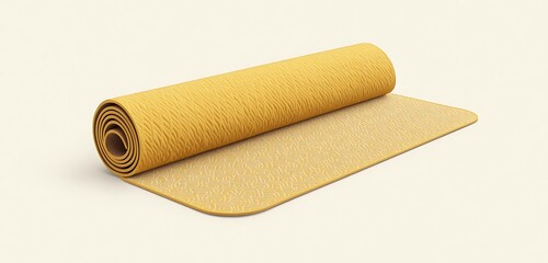 Glossy yellow yoga mat with subtle patterns placed on a neutral beige background
