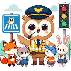 Cartoon Owl Officer Guiding Fox Raccoon and Rabbit at Pedestrian Crossing with Traffic Lights