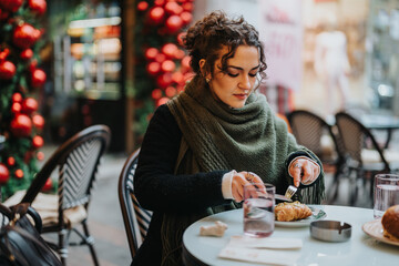 A cozy breakfast moment at an outdoor cafe, with seasonal decorations enhancing the ambiance. Warm hues and festive settings create an inviting and tranquil atmosphere.