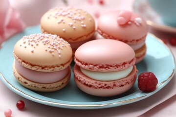 Delicate pastel macarons arranged on a plate.