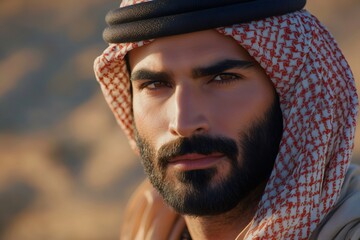 Portrait of confident arab man wearing traditional clothing in desert setting