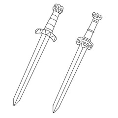 Hand drawn Roman gladius sword set illustration. Black outline vector with classic short double-edged blades and ornate hilts, perfect for coloring and historical themes.