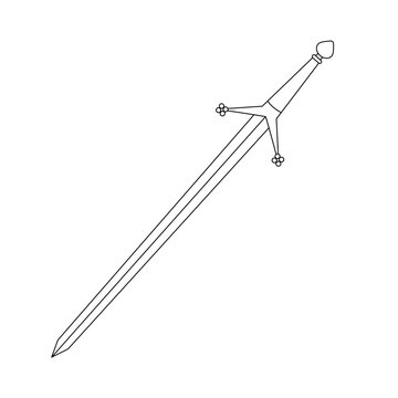 Hand drawn medieval claymore sword illustration. Black outline vector of a double-edged knight weapon with a detailed hilt and long blade, perfect for coloring pages and historical designs