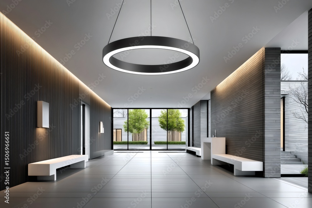 Poster modern empty hallway with minimalist design and circular hanging lamp