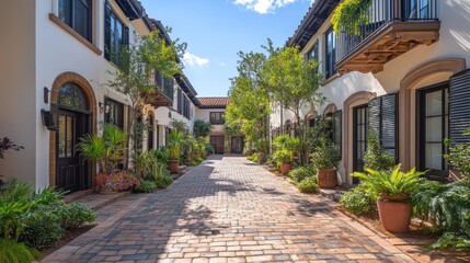 Fototapeta premium Mediterranean-Style Townhouses: Charming Courtyard Pathway