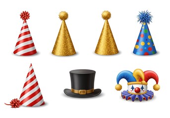 Party Hats & Festive Headwear: Collection of Colorful Cones, Top Hats & Jester Caps