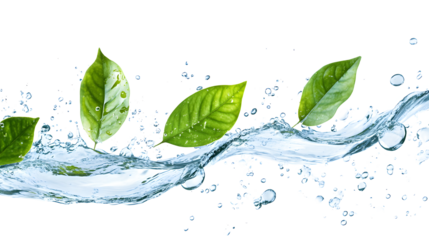Fresh green leaves with water splash isolated on a white background