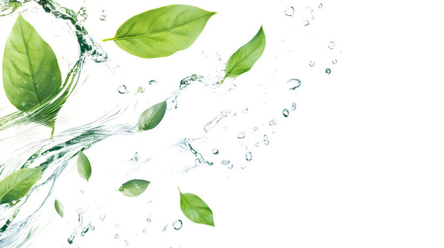 Green leaves with water splash on a white background - Powered by Adobe