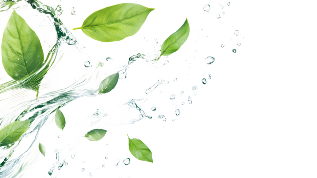 Green leaves with water splash on a white background