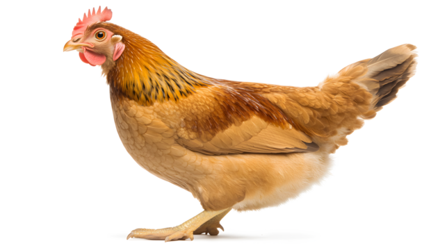 Brown chicken standing isolated on a white background.
