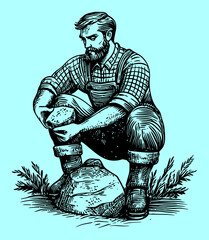 Detailed Engraved Illustration of a Man Working with Stone