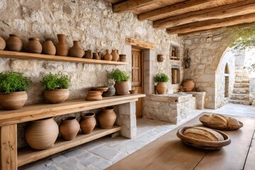 Rustic kitchen interior showing traditional pottery and fresh bread in a stone house