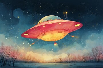 Obraz premium A vibrant spaceship hovers above rolling clouds in a star-filled night sky. The craft emits a warm glow, creating a magical atmosphere. The serene landscape adds to the enchanting view.